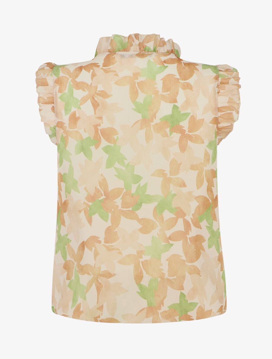 Top imprimé feuilles sans manches à volants - Beige - 2