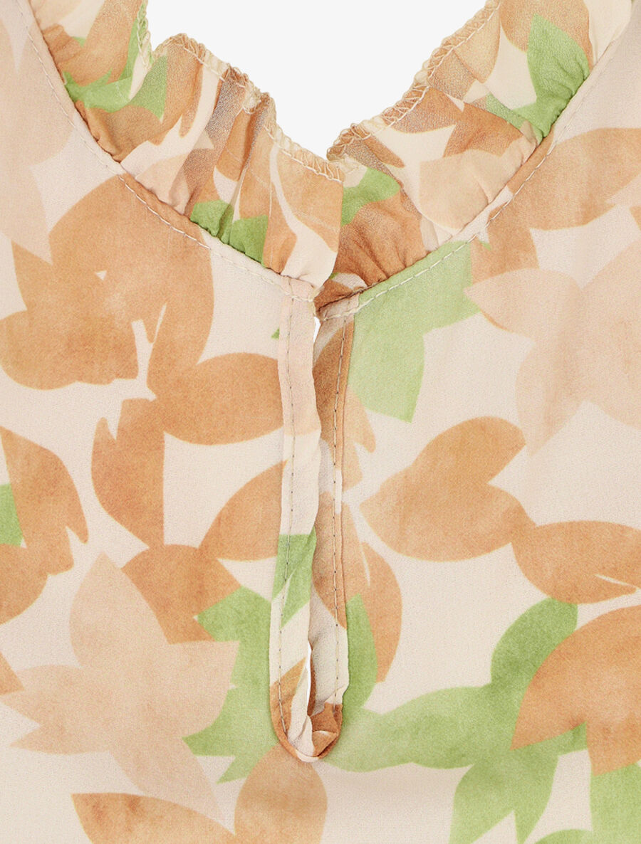 Top imprimé feuilles sans manches à volants - Beige - 3