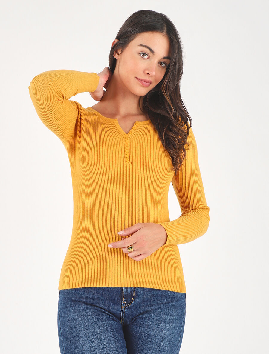 Pull côtelé manches longues - Moutarde - 4