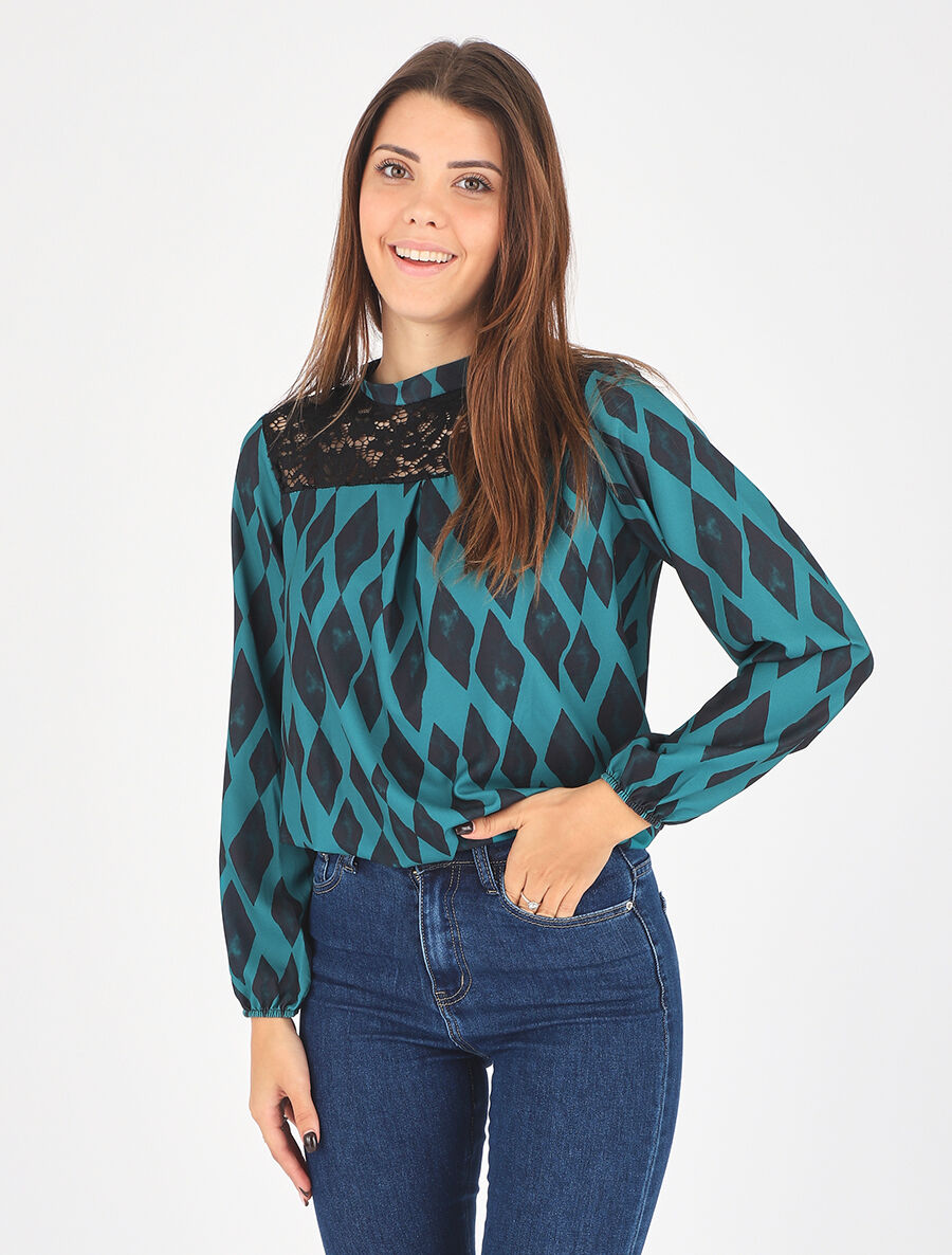 Top imprimé losange et dentelle - Bleu canard - 4