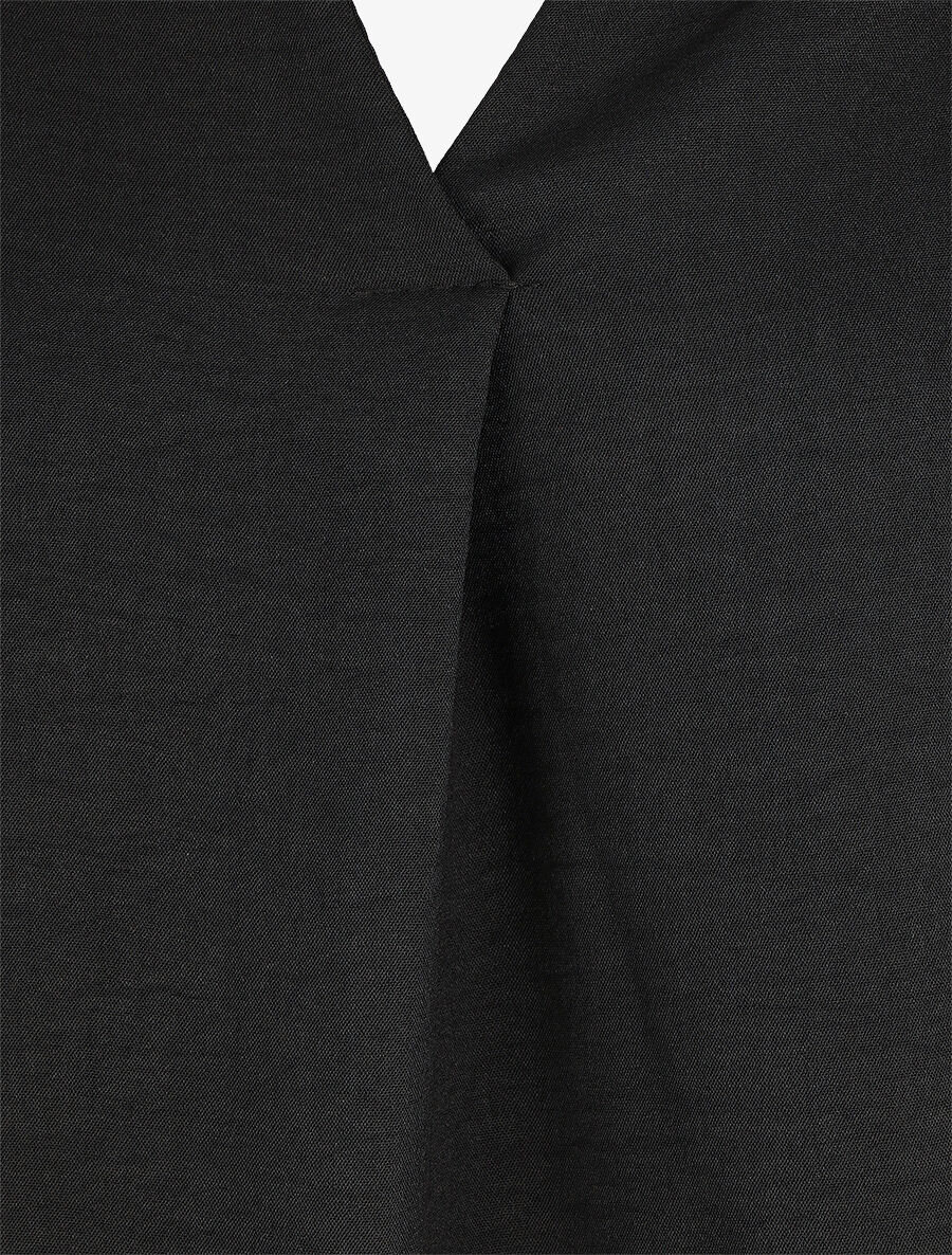 Blouse droite unie à manches longues et col V - Noir - 3