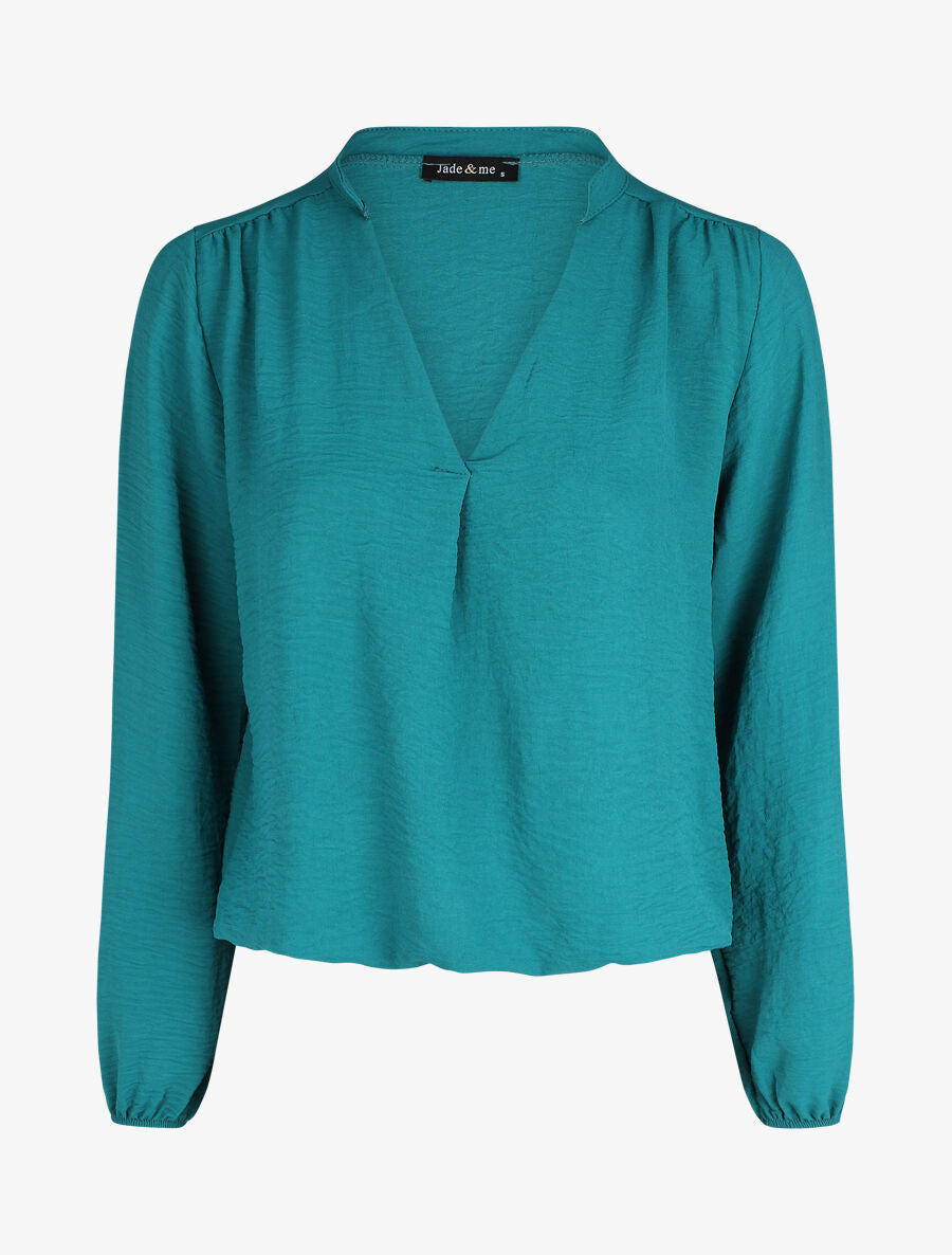 Blouse droite unie à manches longues et col V - Bleu canard - 6