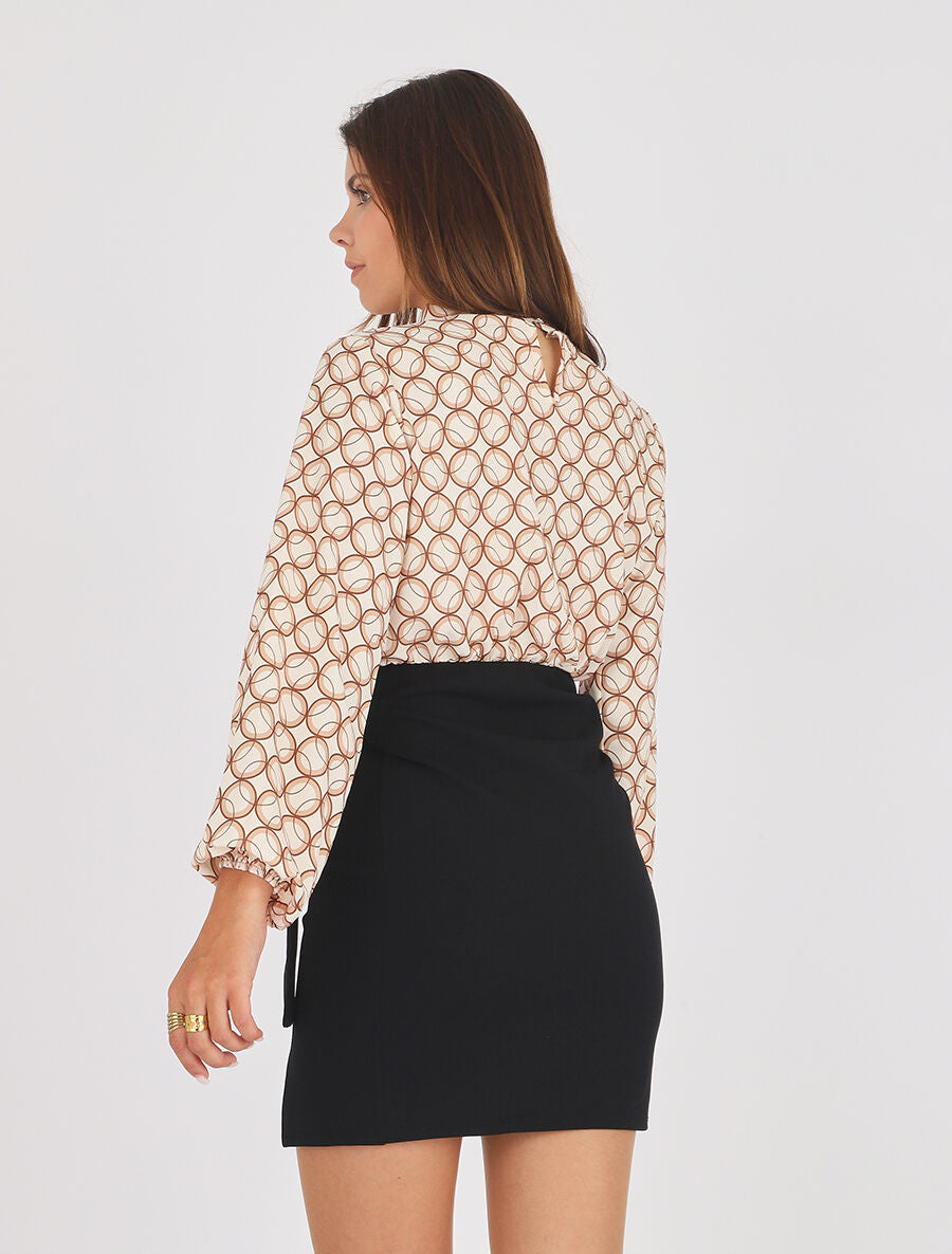 Robe courte ajustée à noeud et imprimé graphique - Beige - 5