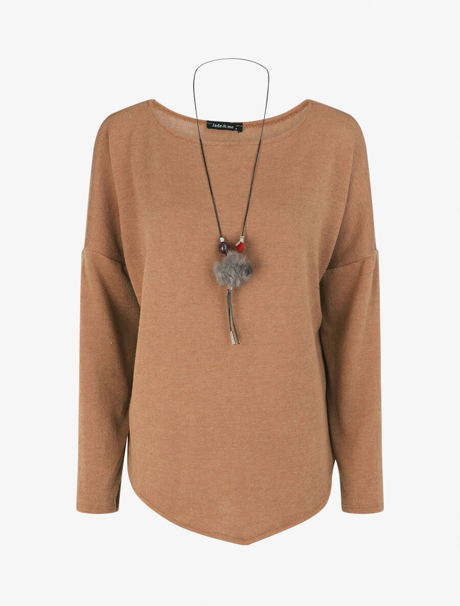 Pull droit uni bords asymétriques - Camel - 1