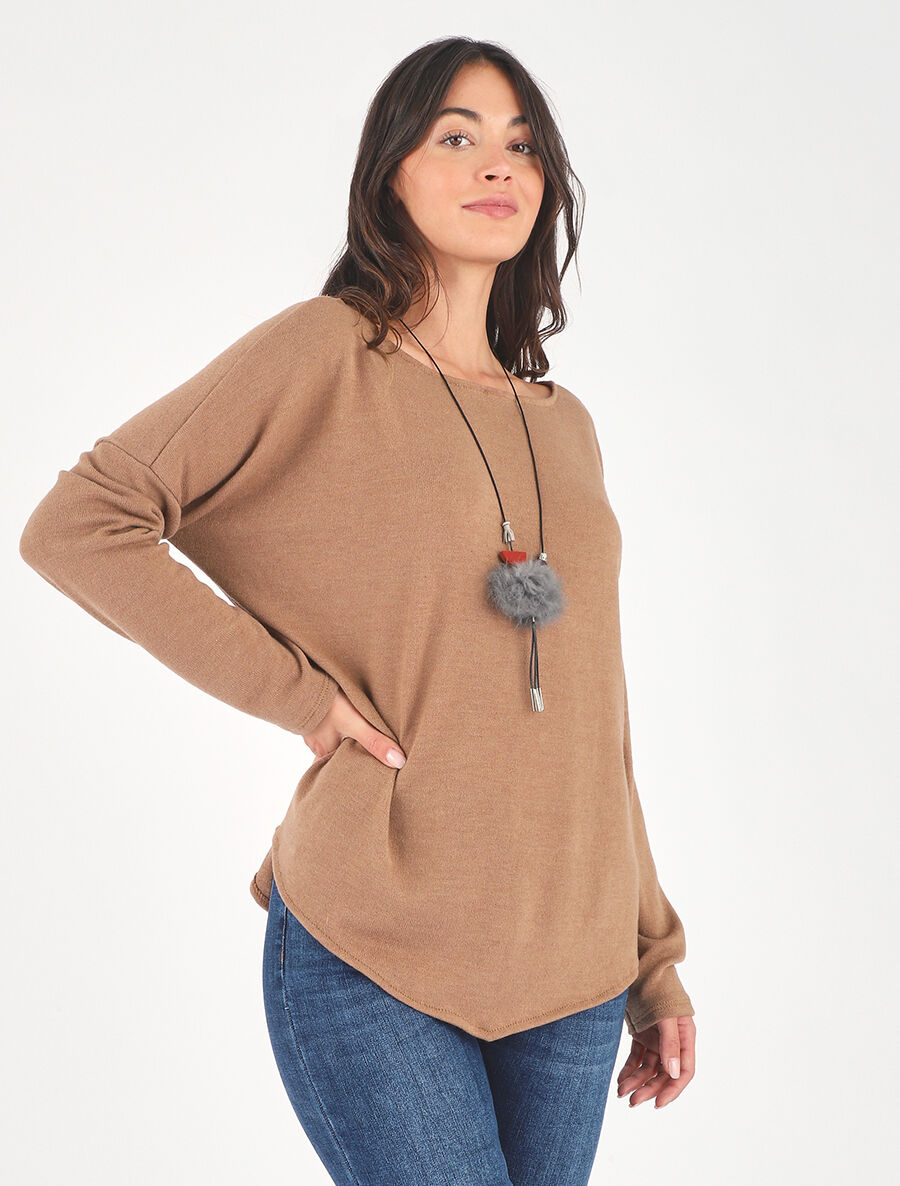 Pull droit uni bords asymétriques - Camel - 4