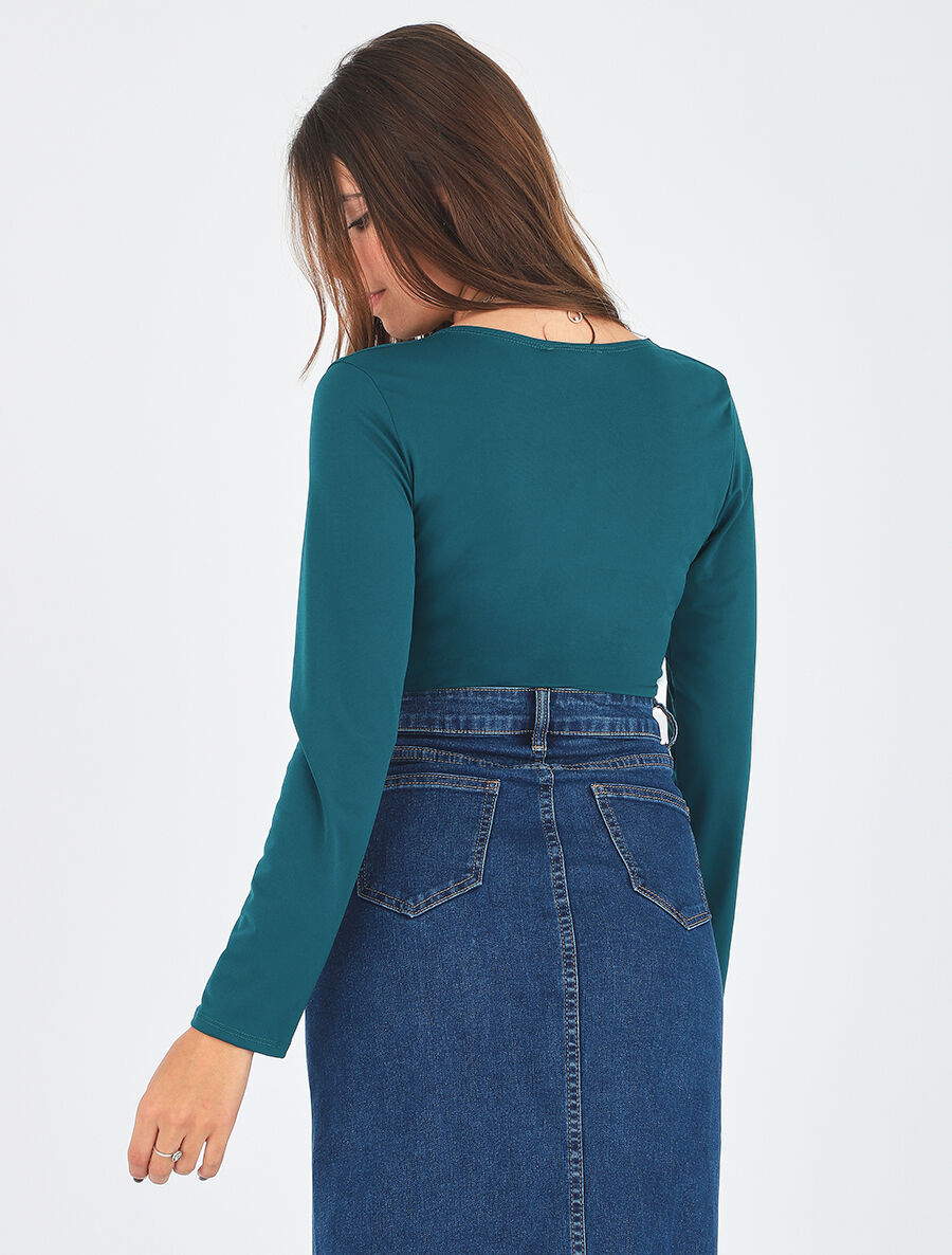 Body uni à col V drapé - Bleu canard - 5