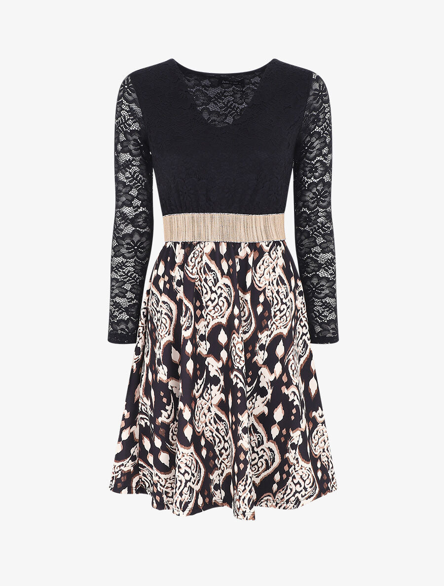 Robe à imprimé graphique et dentelle - Noir - 1