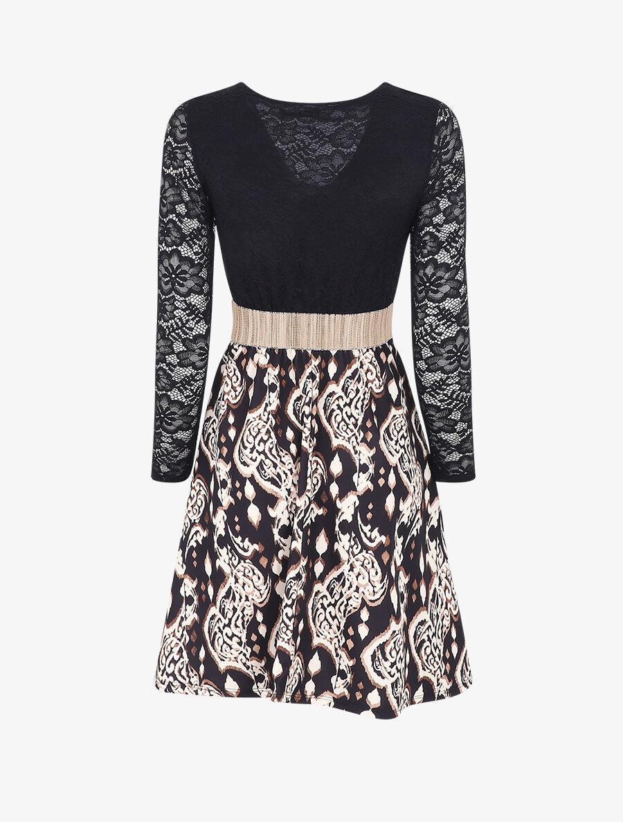 Robe à imprimé graphique et dentelle - Noir - 2