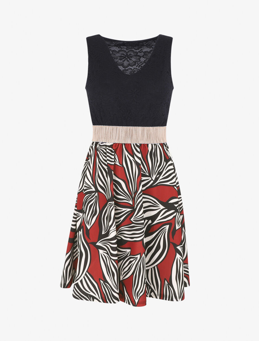 Robe courte évasée imprimé feuilles et dentelle - Brique - 1