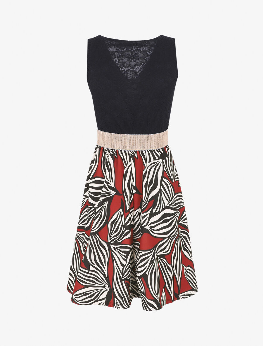 Robe courte évasée imprimé feuilles et dentelle - Brique - 2