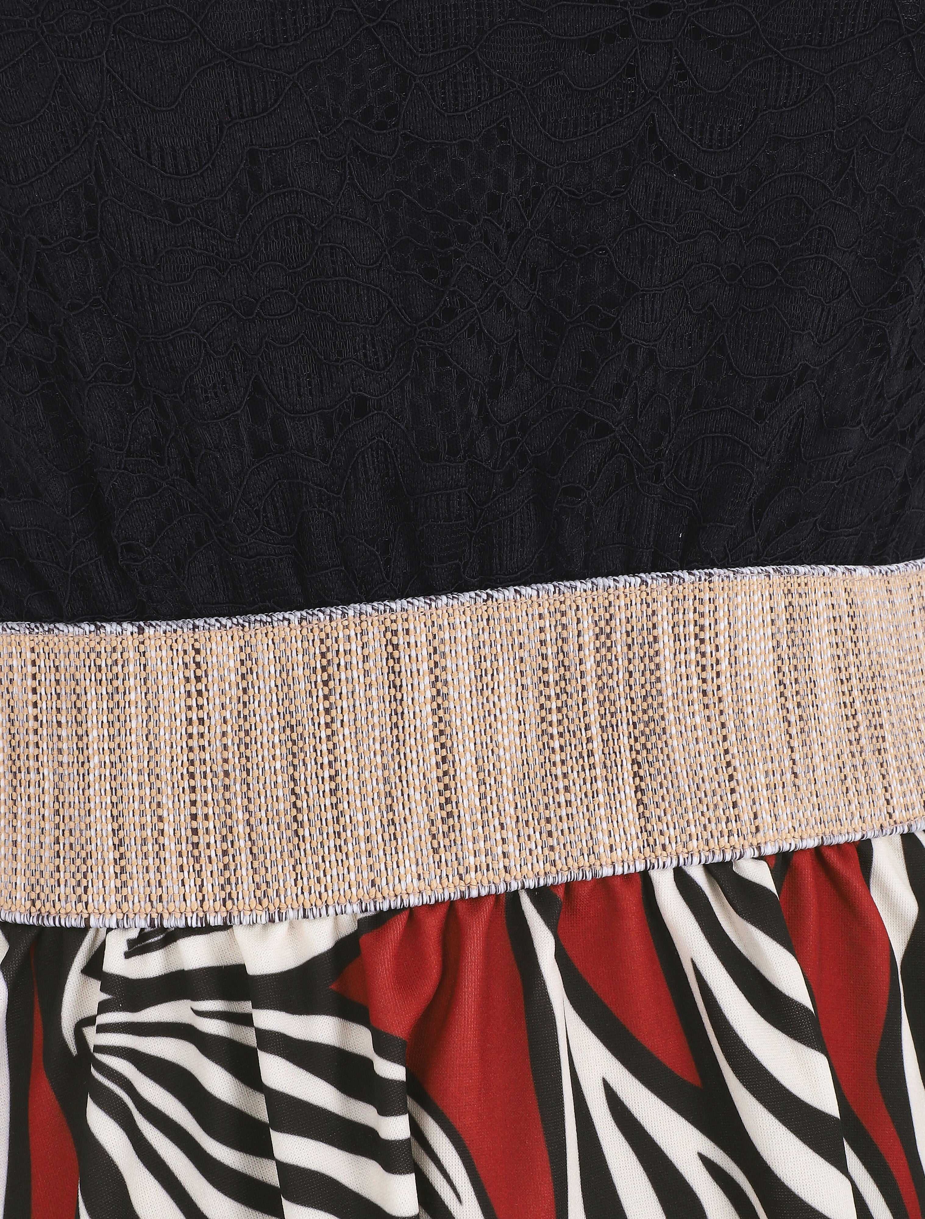 Robe courte évasée imprimé feuilles et dentelle - Brique - 3