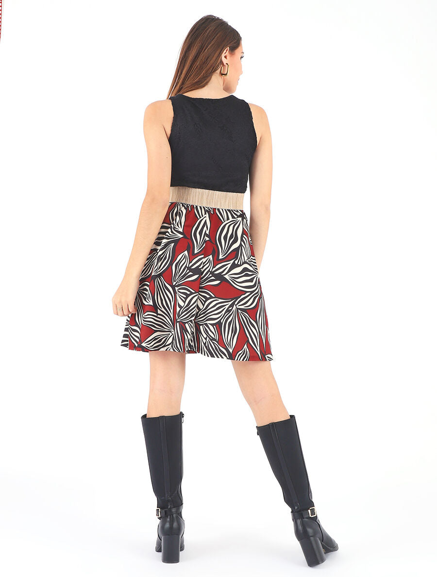 Robe courte évasée imprimé feuilles et dentelle - Brique - 5