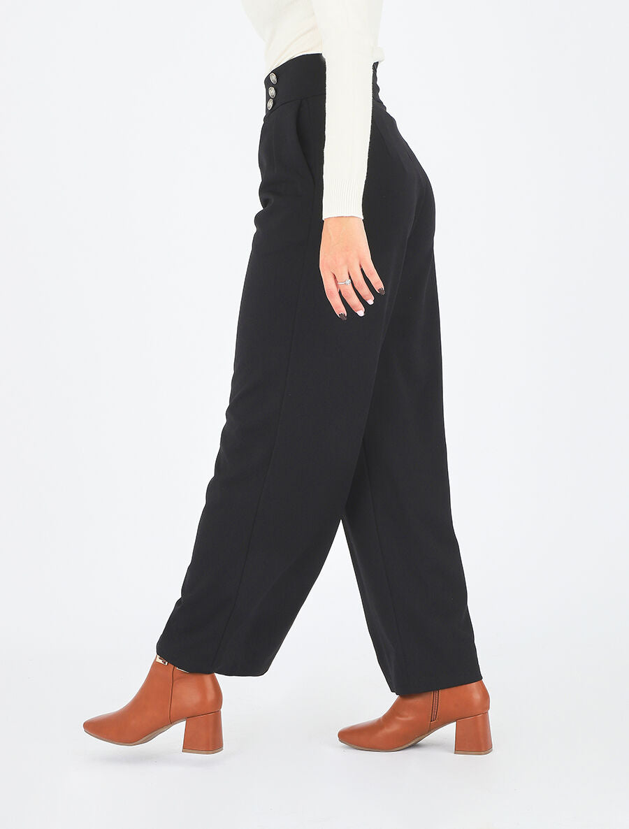 Pantalon ample taille haute à boutons - Noir - 5