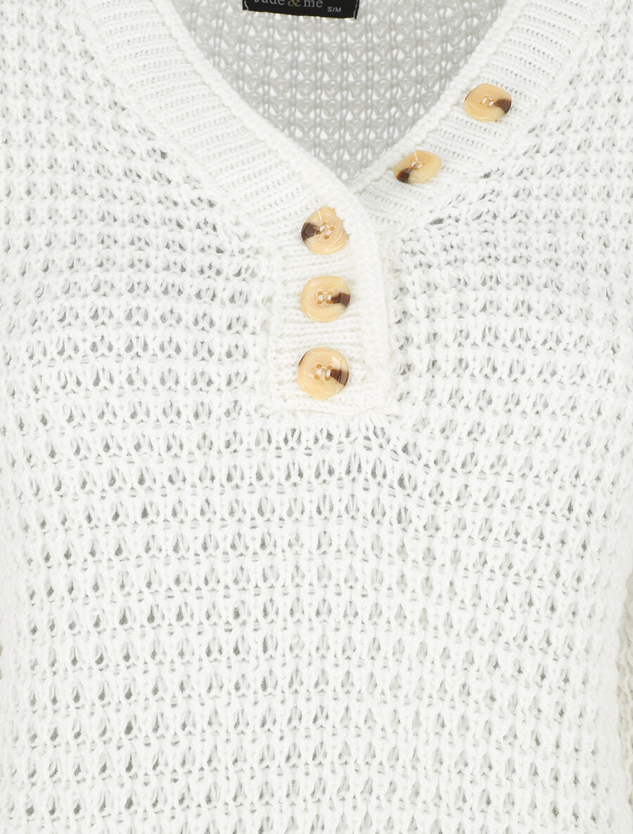 Pull droit uni col V boutonné - Blanc - 3