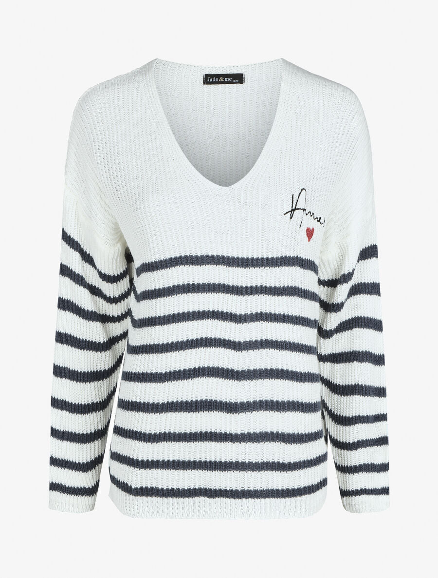 Pull marinière droit motif coeur - Bleu - 1