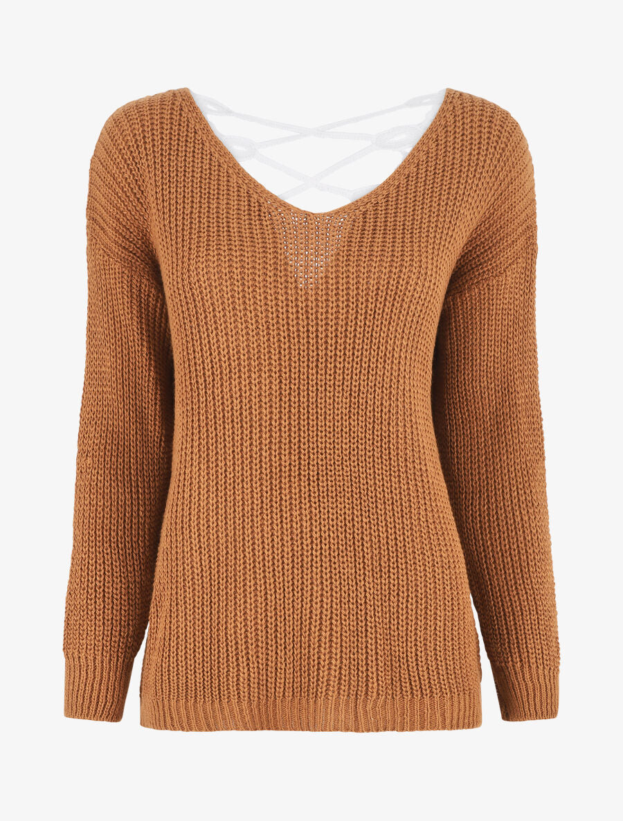 Pull droit col V dos en crochet - Camel - 7