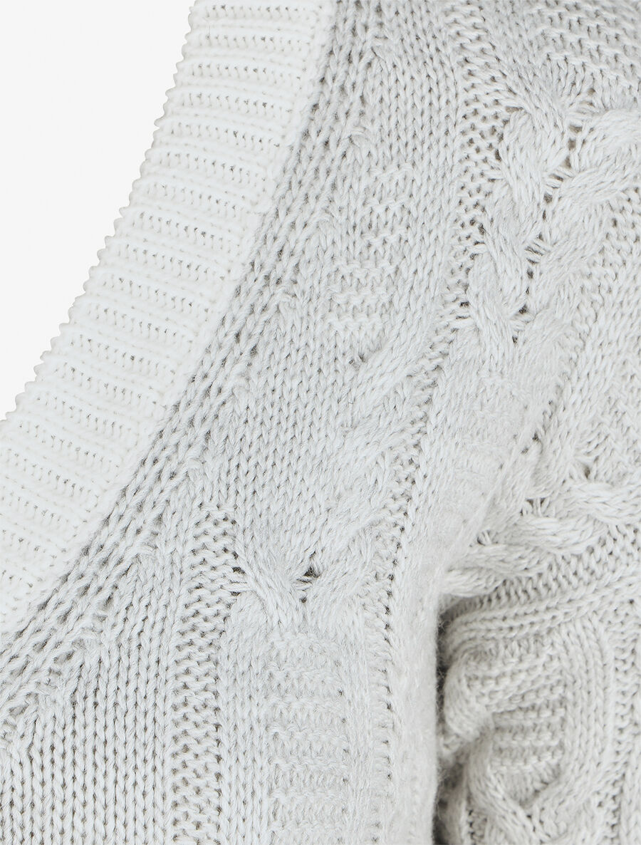 Pull droit col V en maille tressée - Gris clair - 3