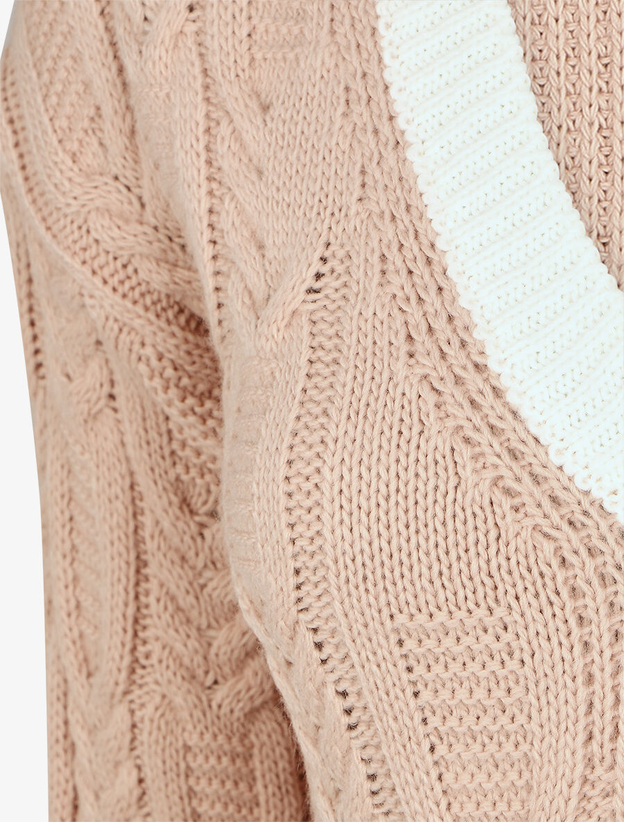 Pull droit col V en maille tressée - Rose - 3