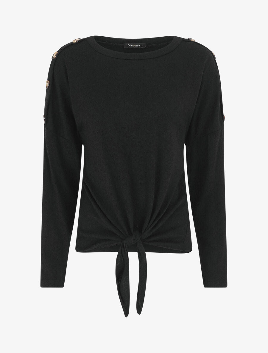Pull droit uni à noeud et boutons - Noir - 5