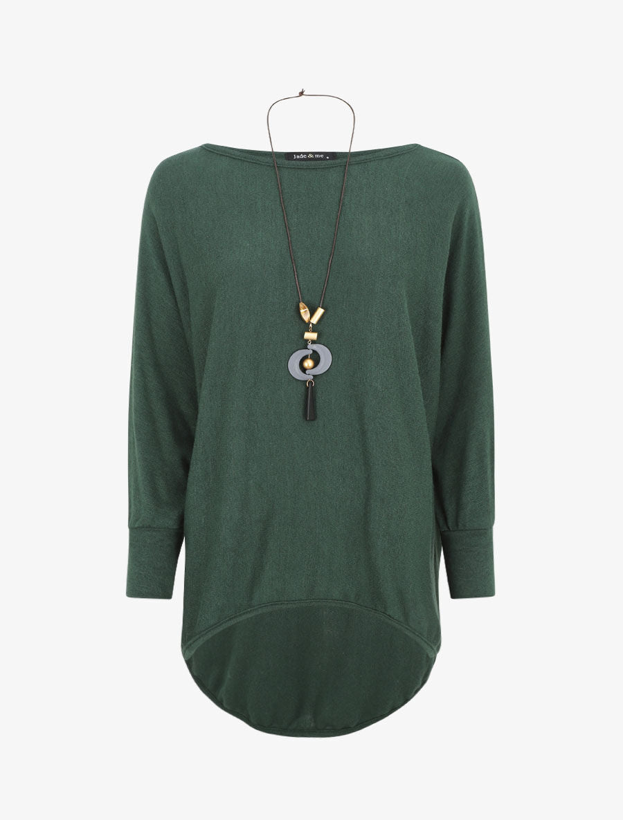Pull ample uni manches chauve-souris - Vert foncé - 1