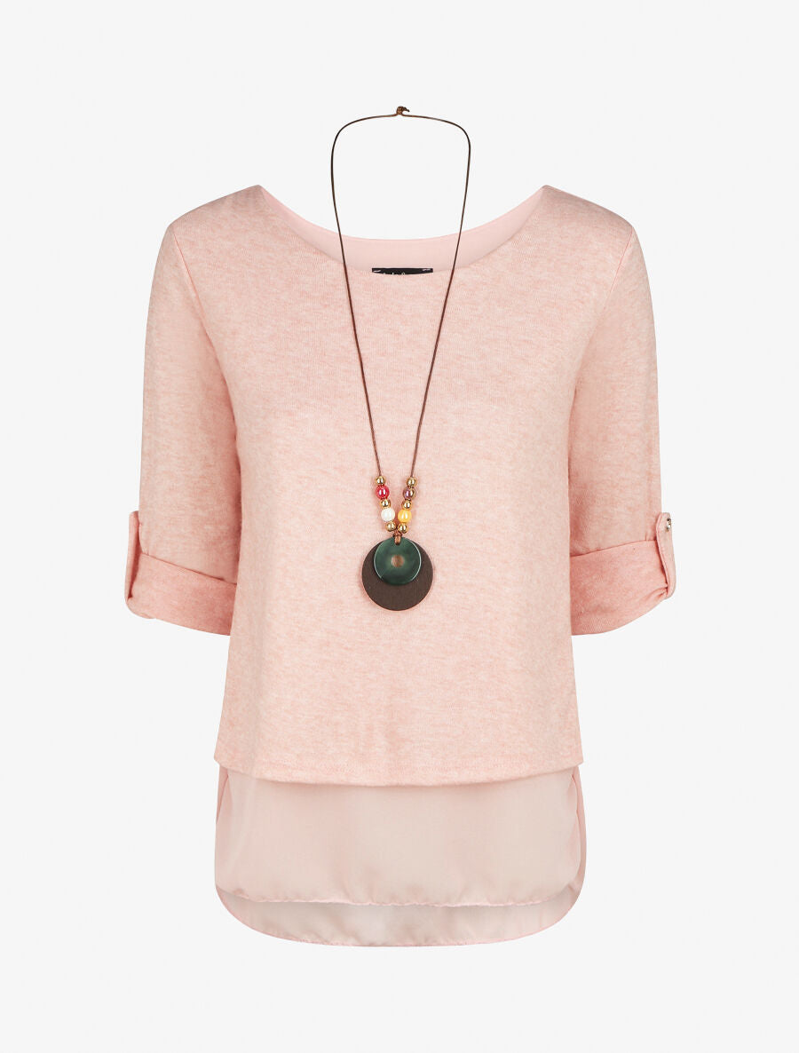 Pull droit uni doublure en voile - Rose - 4