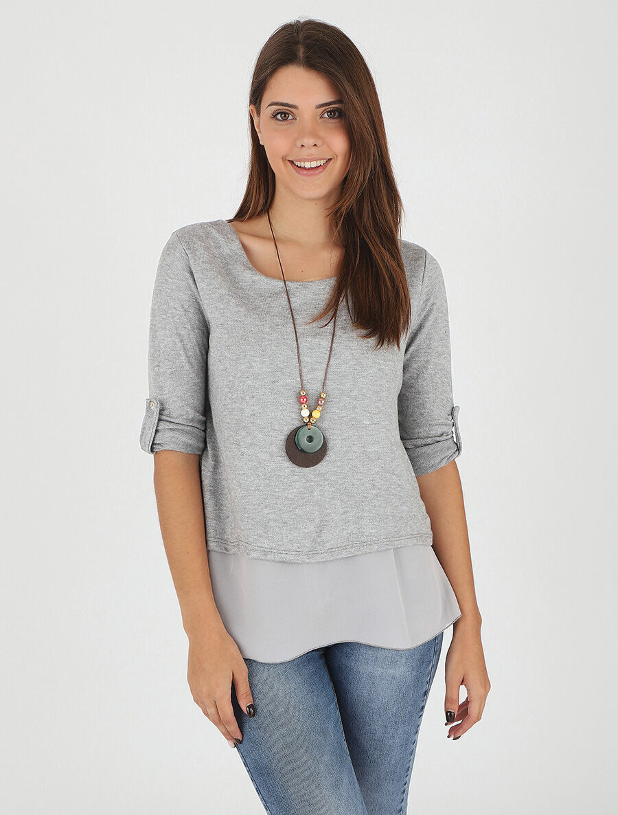 Pull droit uni doublure en voile - Gris - 4