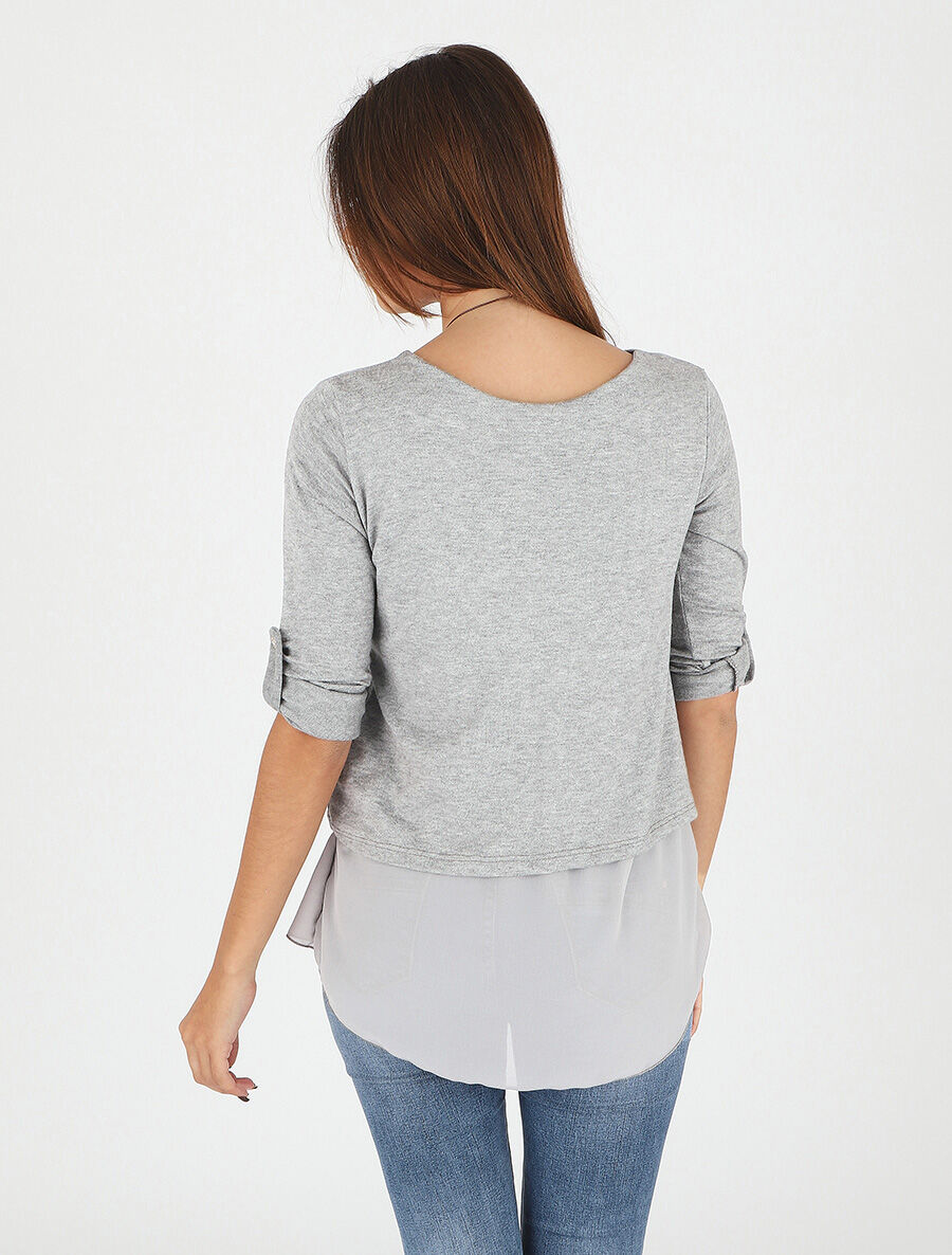 Pull droit uni doublure en voile - Gris - 5
