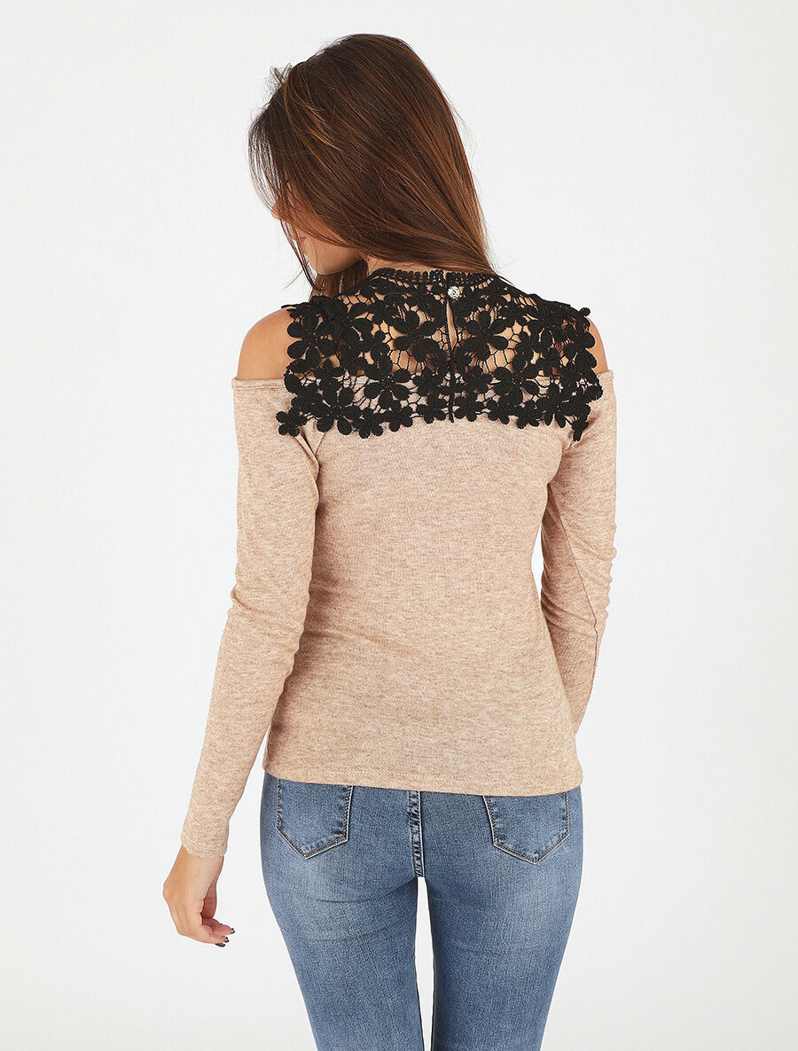 Pull droit à épaules dénudées et crochet - Beige - 5