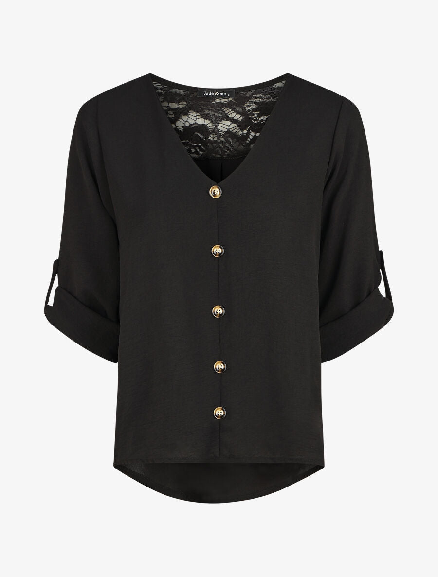 Top droit col V boutonné et dentelle - Noir - 1