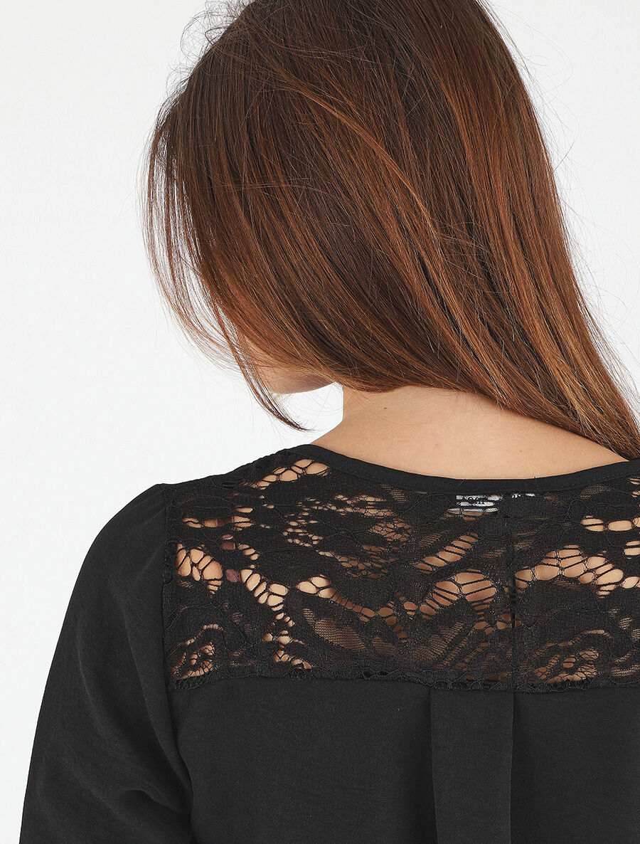 Top droit col V boutonné et dentelle - Noir - 6