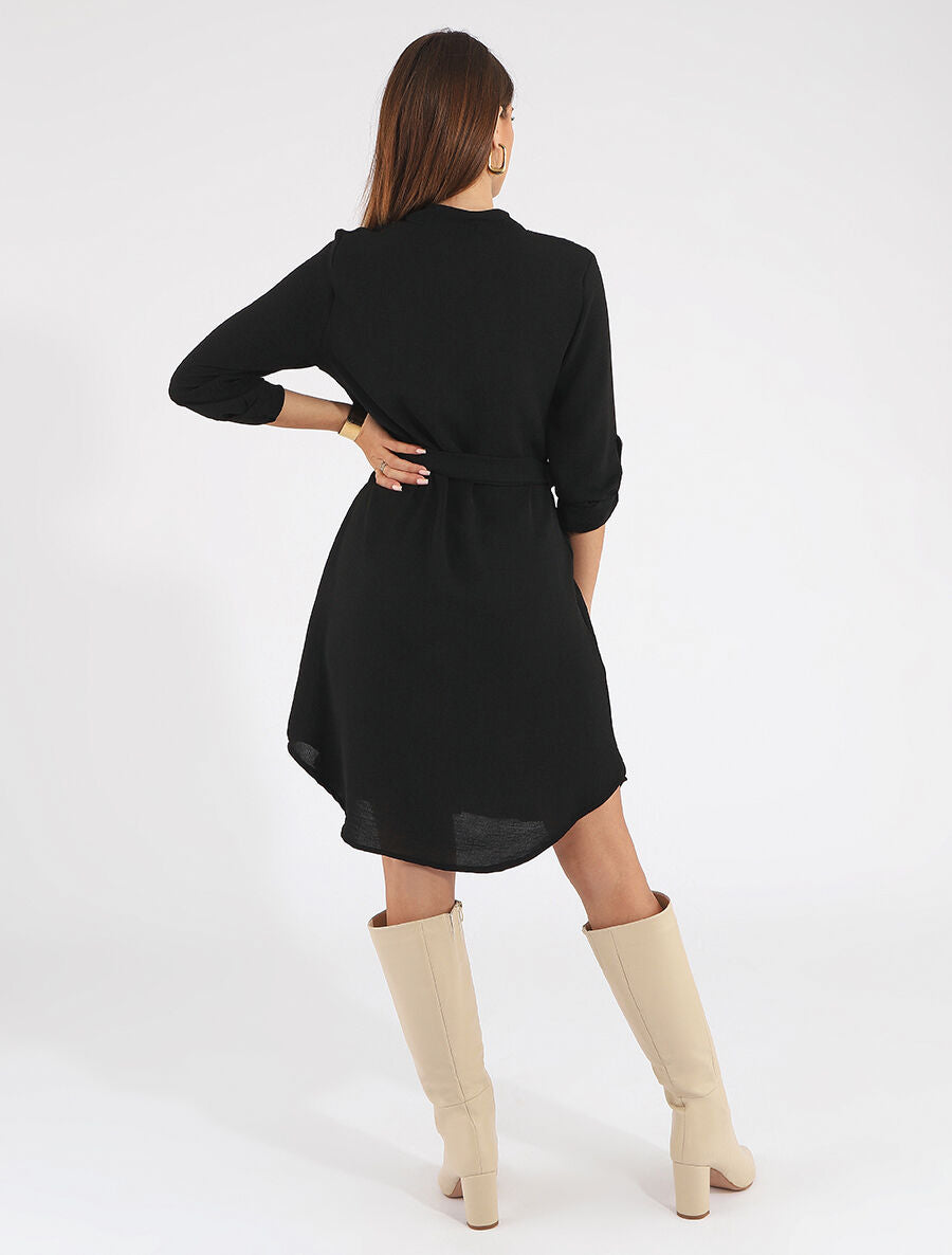 Robe chemise unie manches longues - Noir - 5