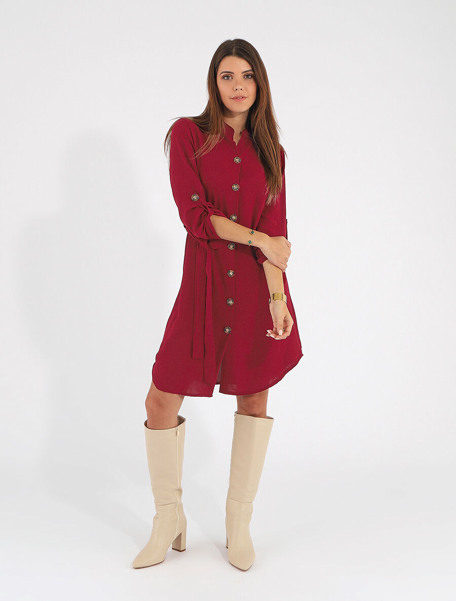 Robe chemise unie manches longues - Bordeaux - 4