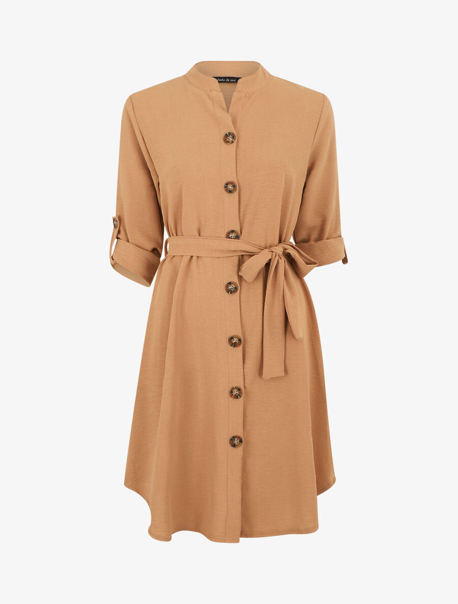 Robe chemise unie manches longues - Camel - 6