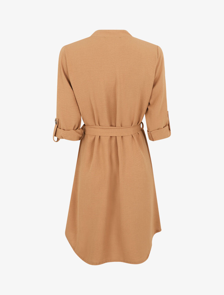 Robe chemise unie manches longues - Camel - 2