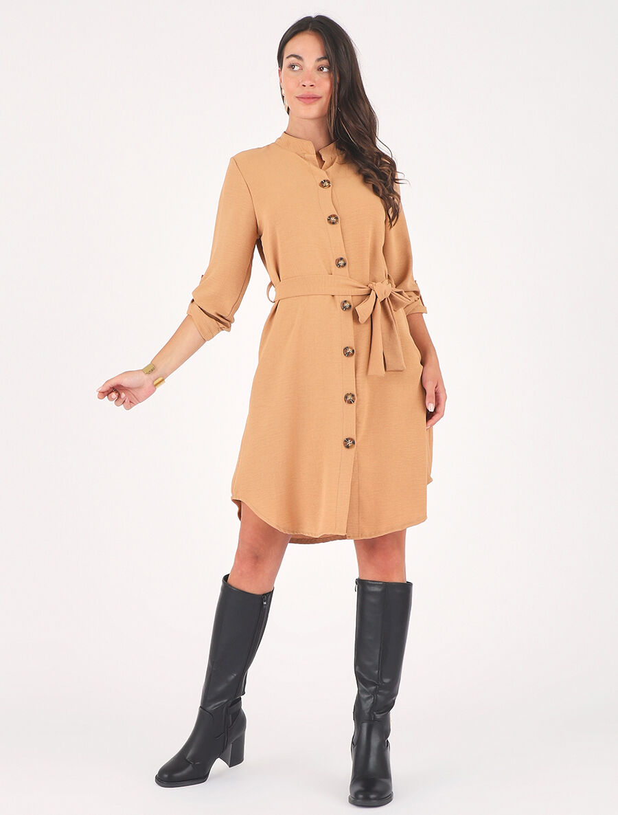 Robe chemise unie manches longues - Camel - 4