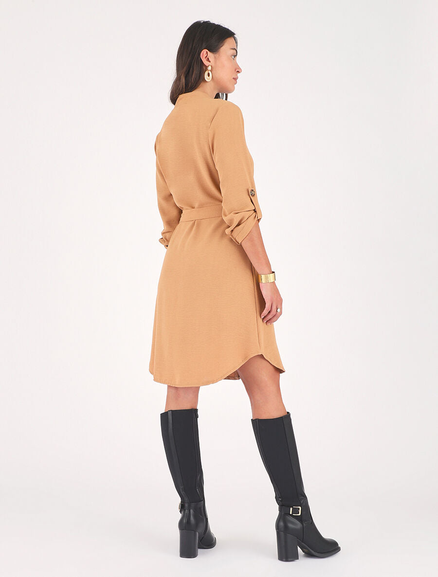 Robe chemise unie manches longues - Camel - 5