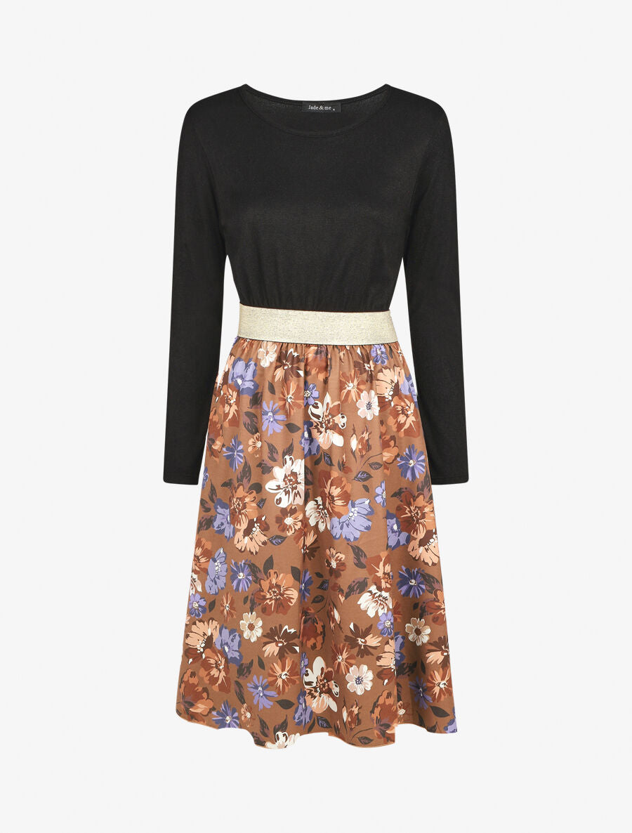 Robe évasée bi-matière imprimé champêtre - Marron - 1