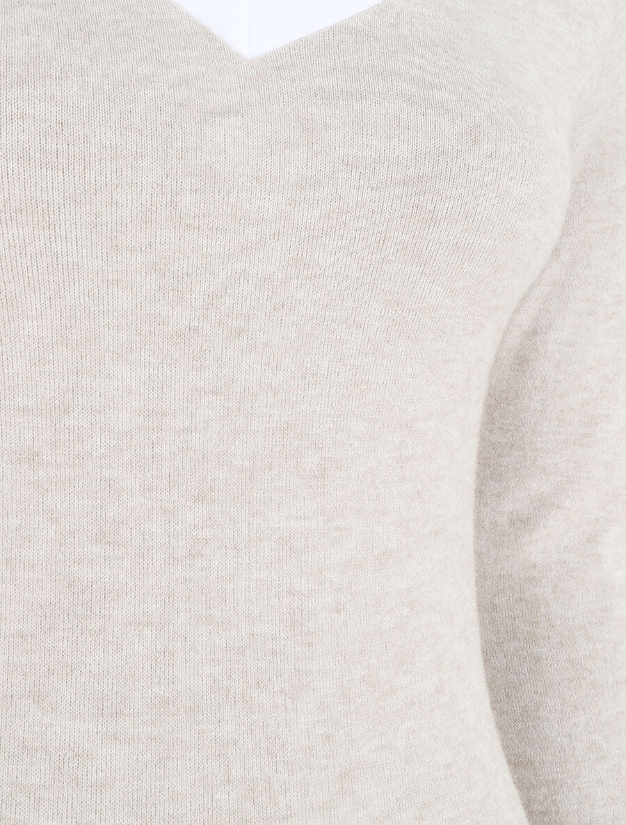 Robe droite mi-longue col V - Beige - 3