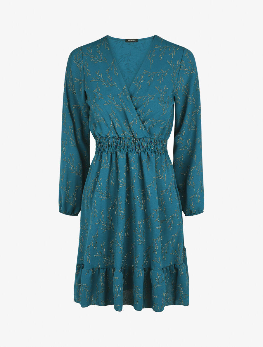 Robe évasée motif feuilles pailletées - Bleu canard - 1