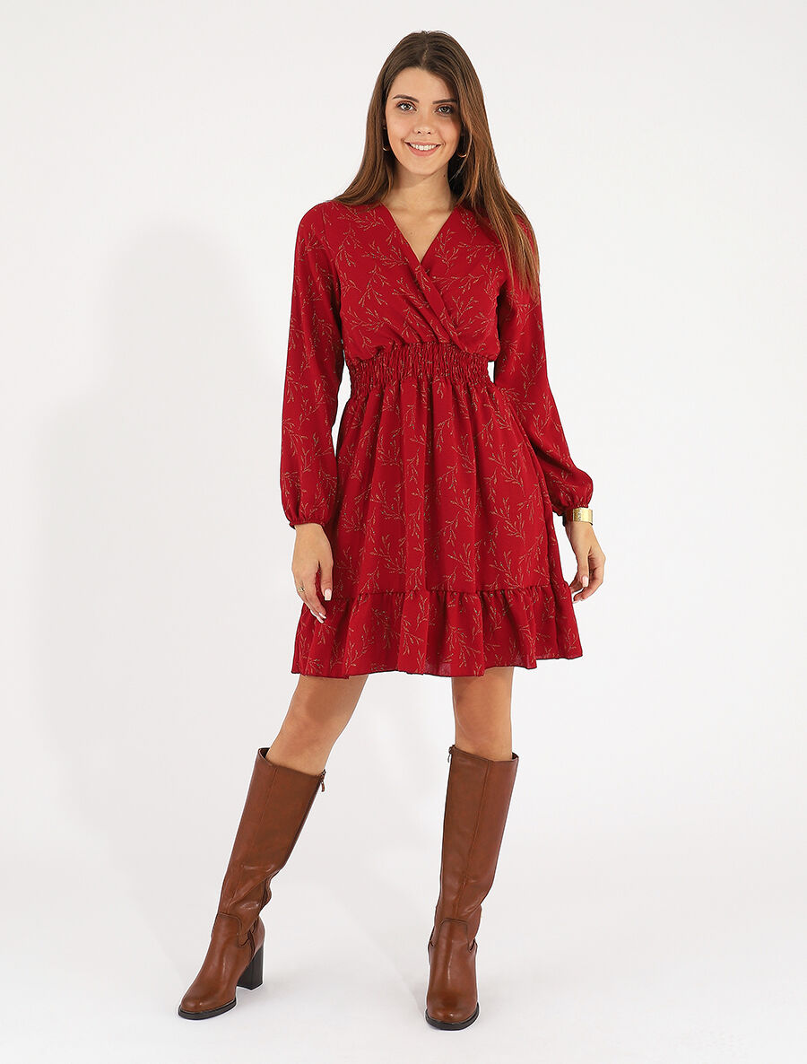 Robe évasée motif feuilles pailletées - Rouge - 4