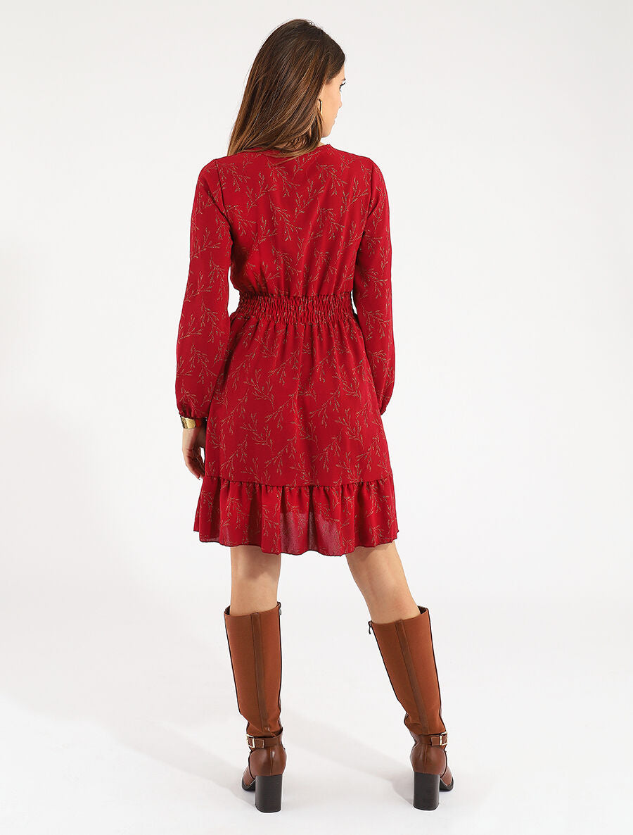 Robe évasée motif feuilles pailletées - Rouge - 5