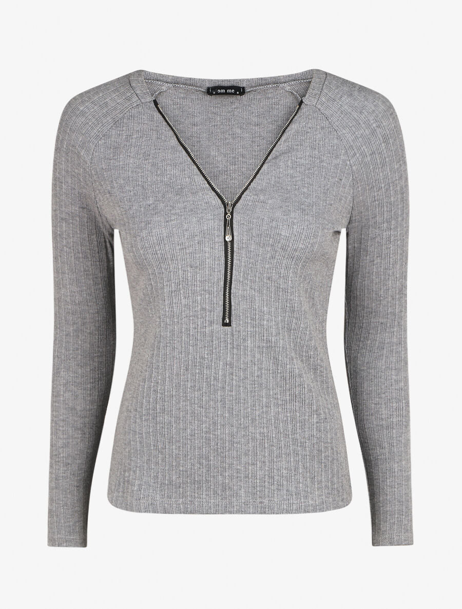 Pull fin droit et côtelé col zippé - Gris - 1
