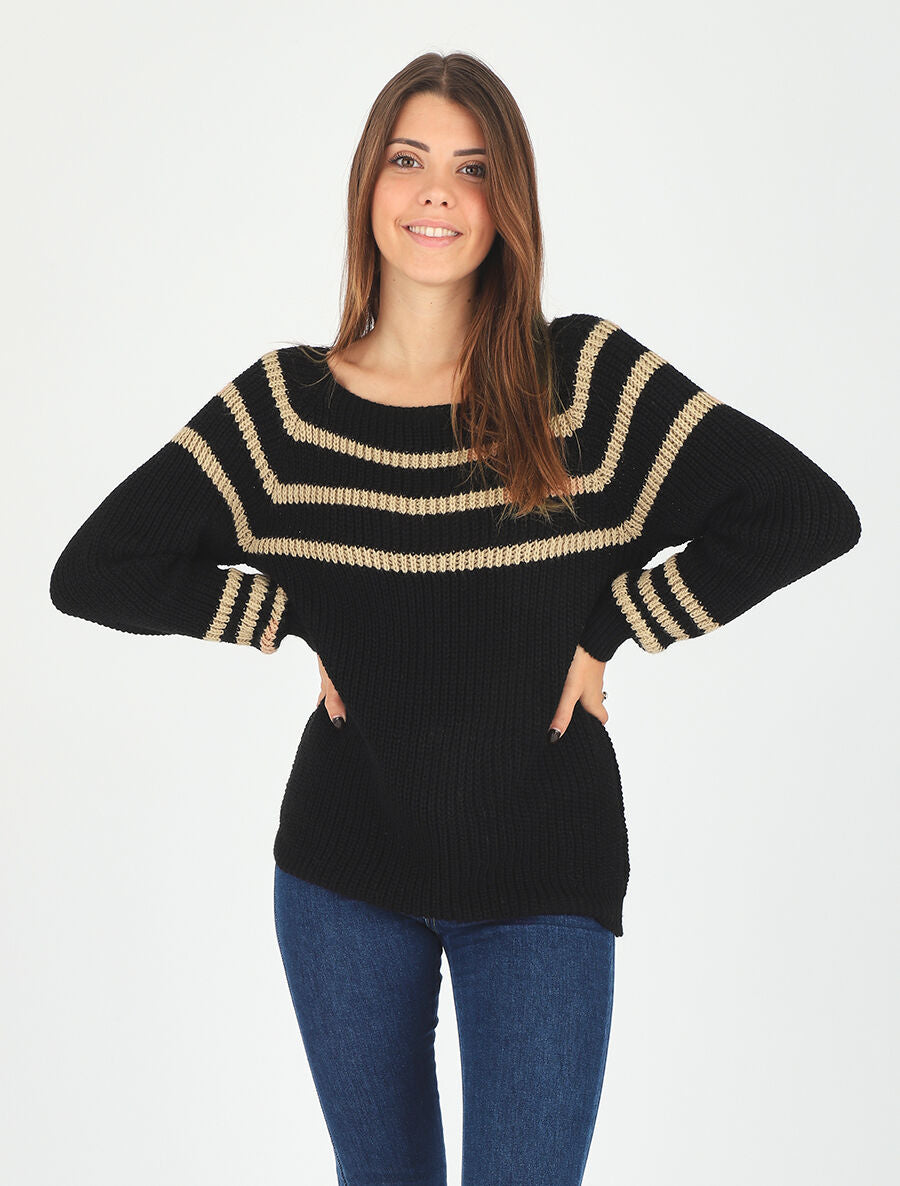 Pull en maille à col bateau - Noir - 4