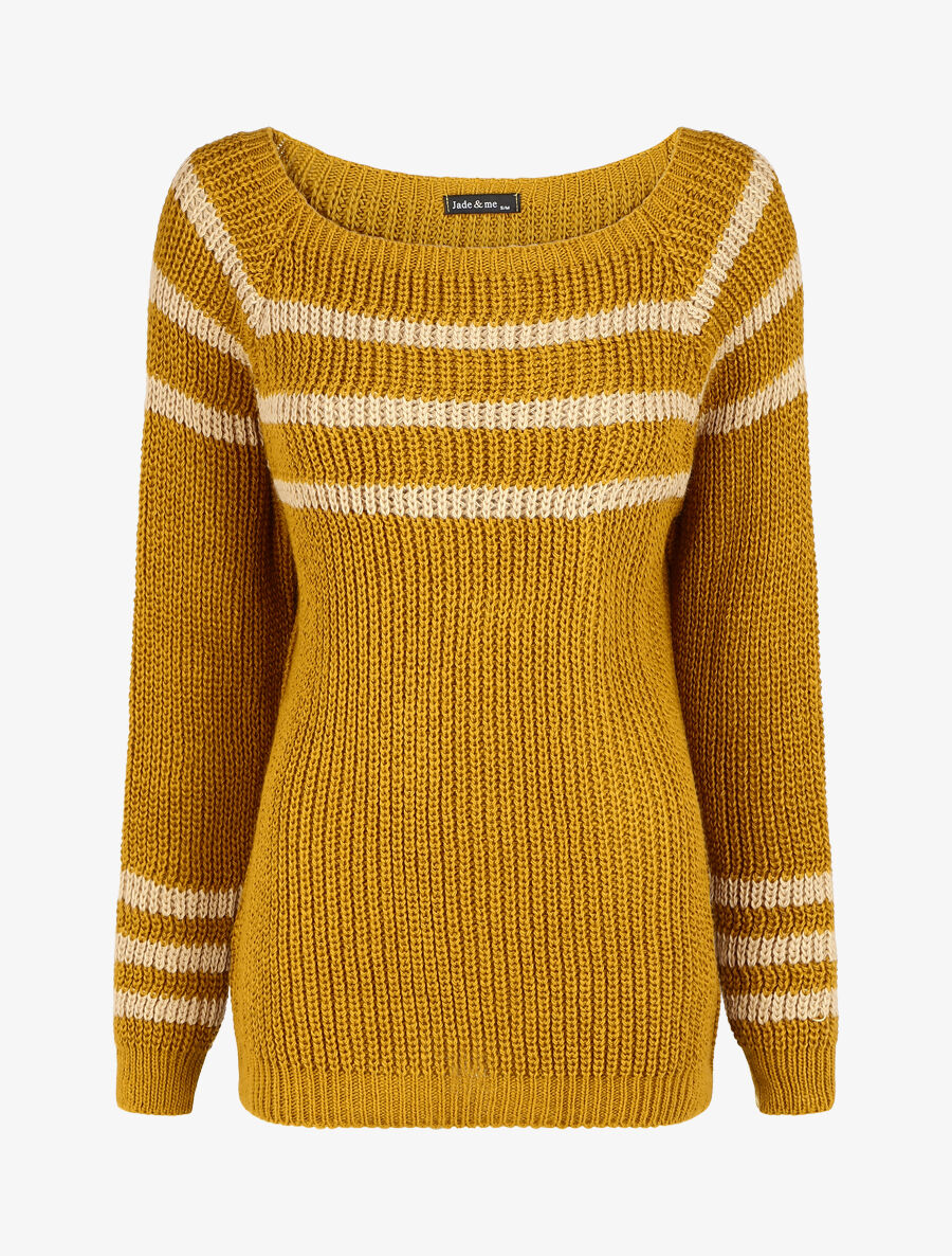 Pull en maille à col bateau - Jaune moutarde - 1