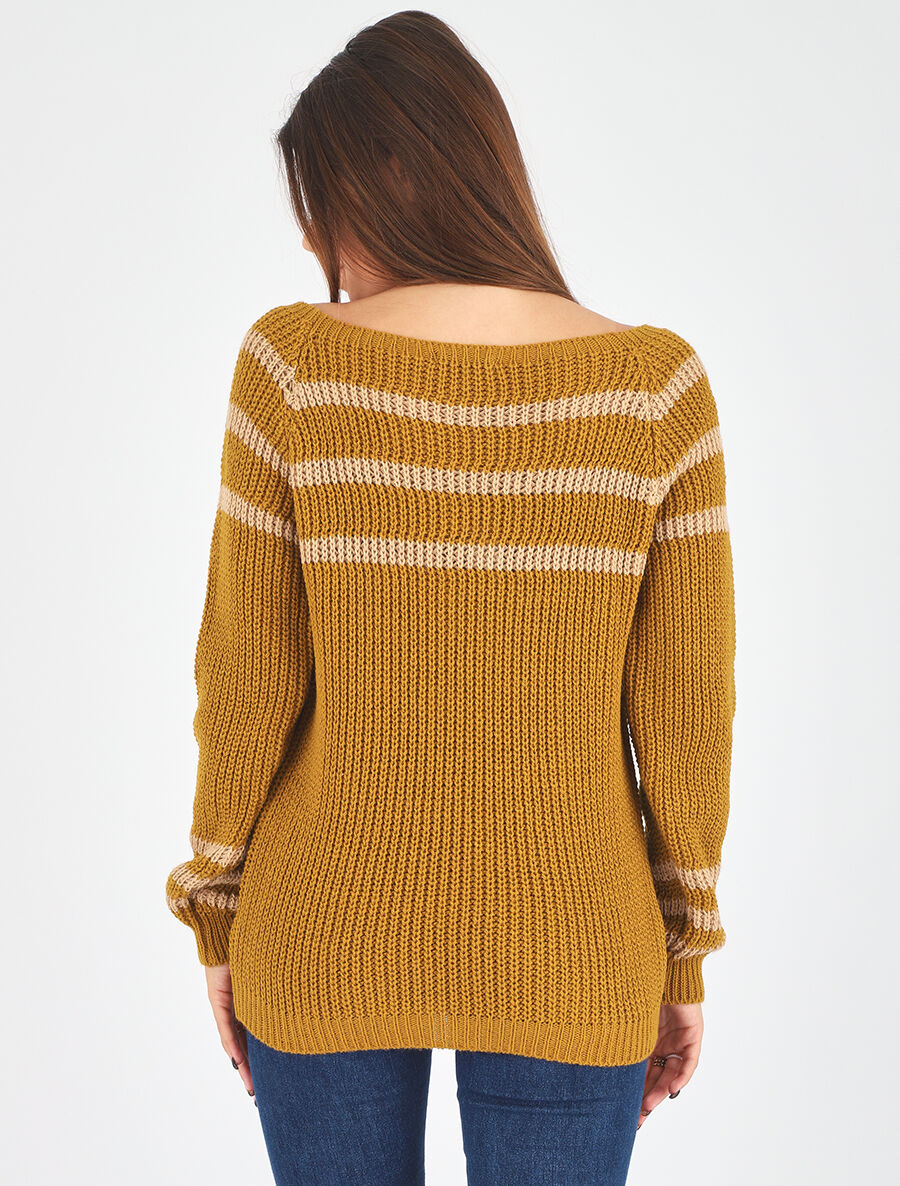Pull en maille à col bateau - Jaune moutarde - 5