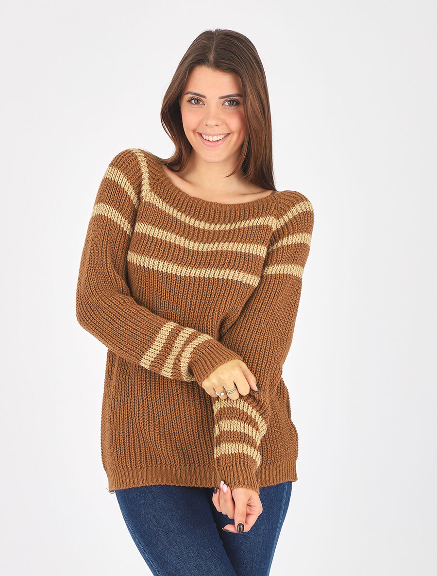 Pull en maille à col bateau - Camel - 4