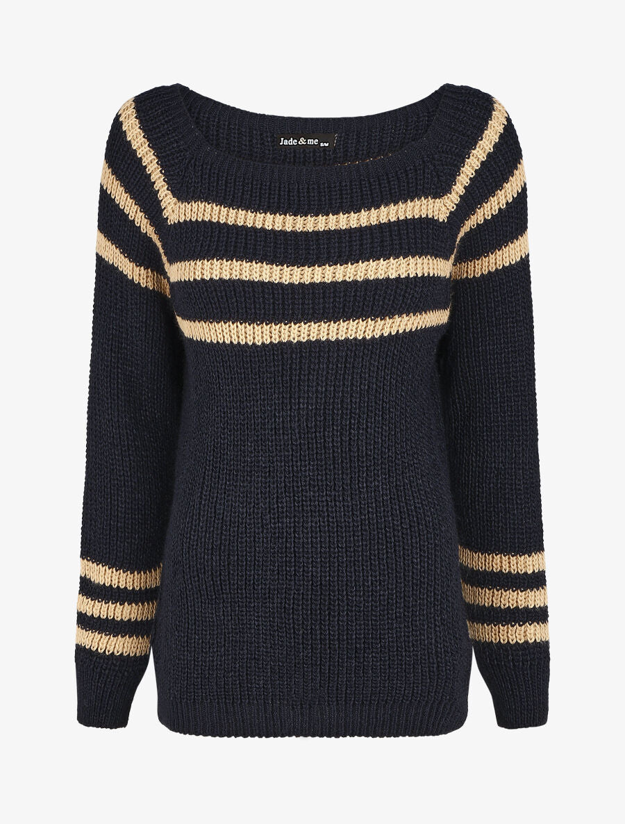 Pull en maille à col bateau - Marine - 1