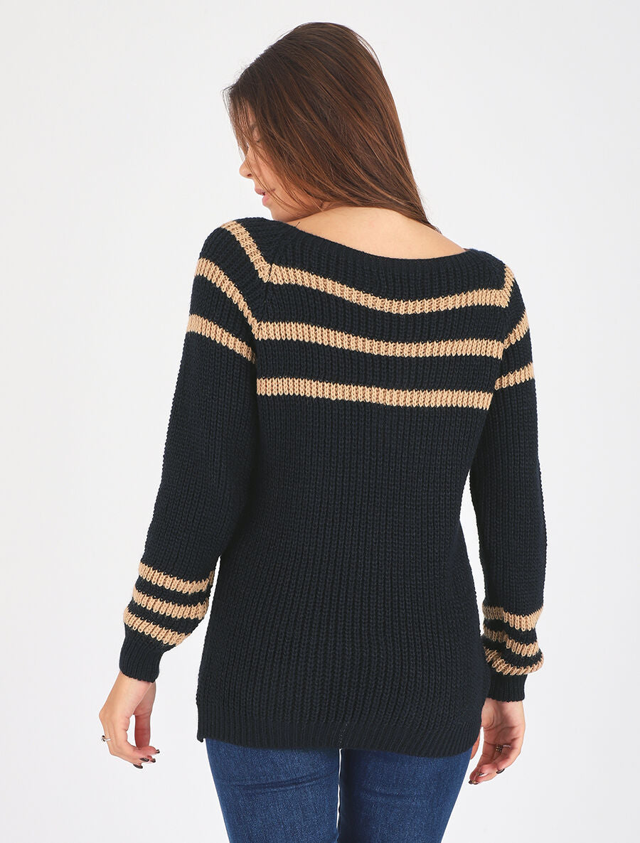 Pull en maille à col bateau - Marine - 5
