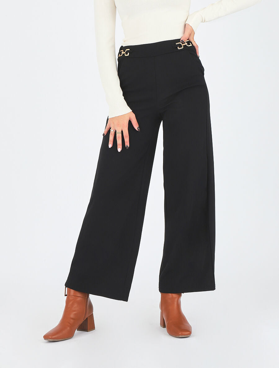 Pantalon ample taille haute à boucles - Noir - 4