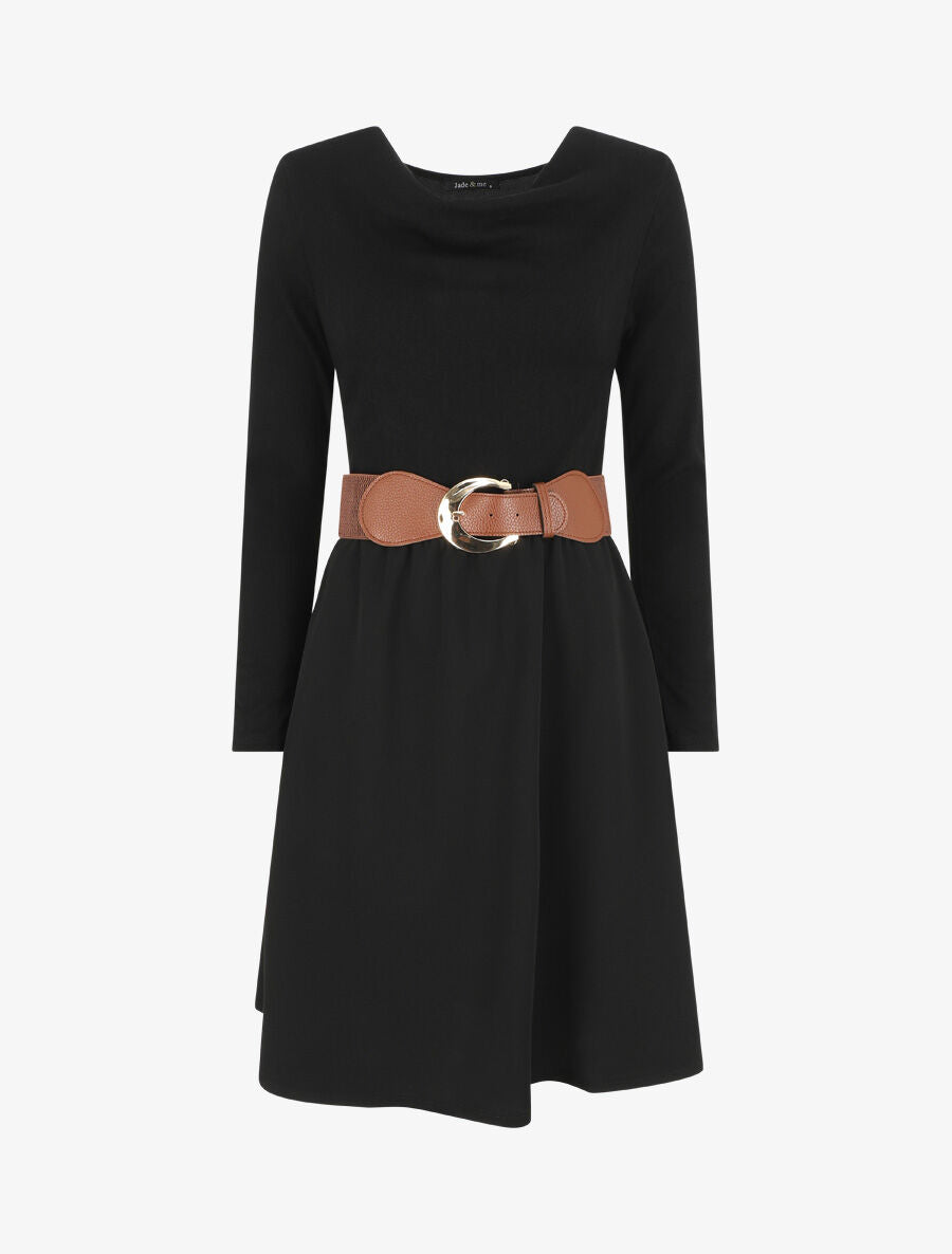 Robe courte évasée col bénitier et manches longues - Noir - 1
